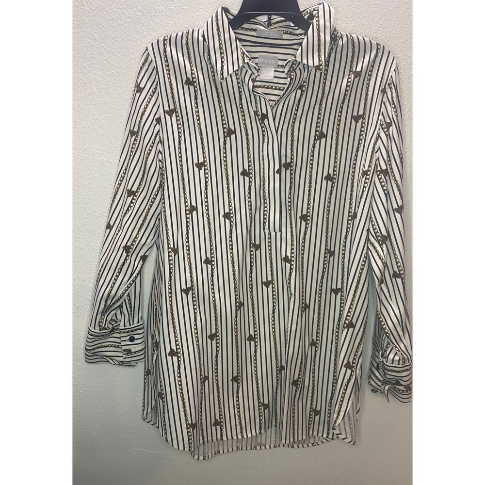 Chico's Chic Stretch Shirt Women 0.5/Sm White Blue Striped Chain Preppy